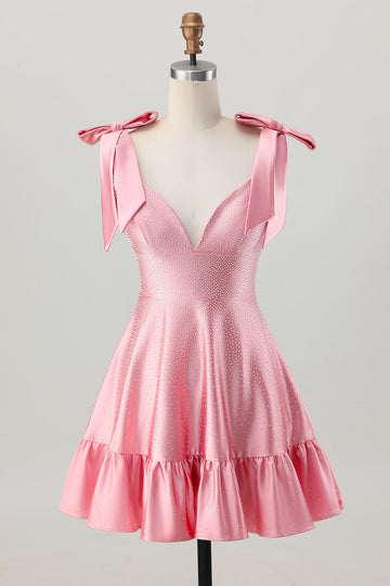 Blush Pink A Line V-Neck Satin Cocktail Dress with Bows